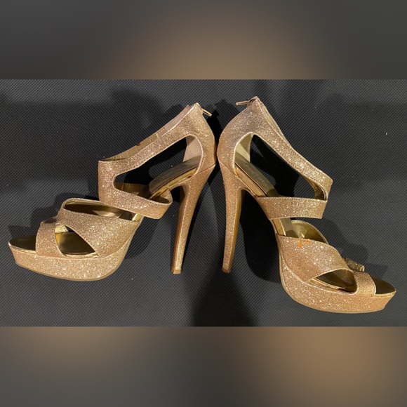 GOLD GLITTER STRAPY HEELS- SIZE 7 - Picture 4 of 6